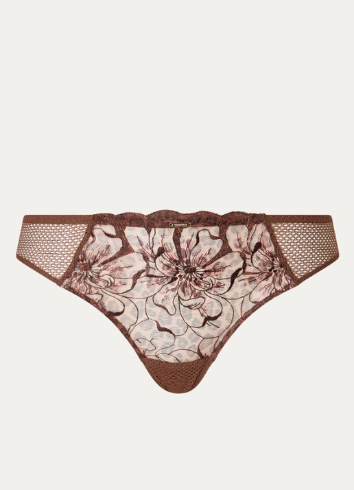 Chantelle Fleurs tanga van kant - voorkant 3 donkerbruin