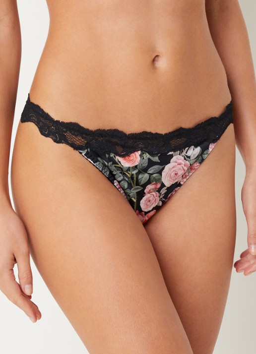 Chantelle Li On tanga van kant met bloemenprint - voorkant 5 zwart