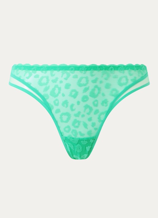 Chantelle Tanga van mesh met panterprint - voorkant zeegroen