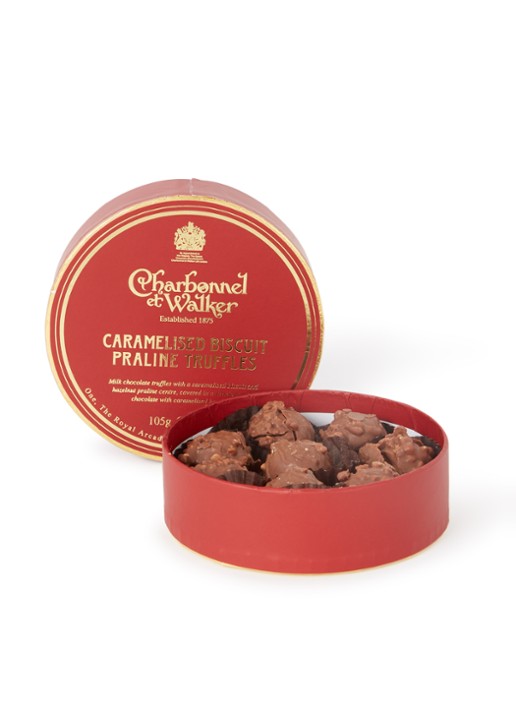 Charbonnel et Walker Caramelised Biscuit Praline truffels 105 gram - voorkant rood