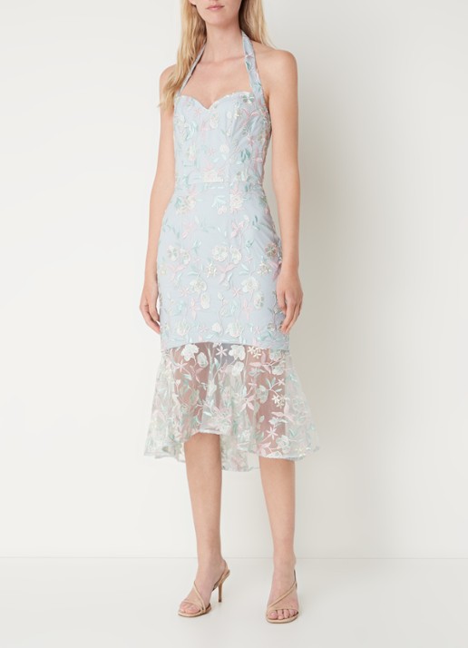 Chi Chi London Floral semi-transparante midi jurk met kant  - voorkant 4 lichtblauw