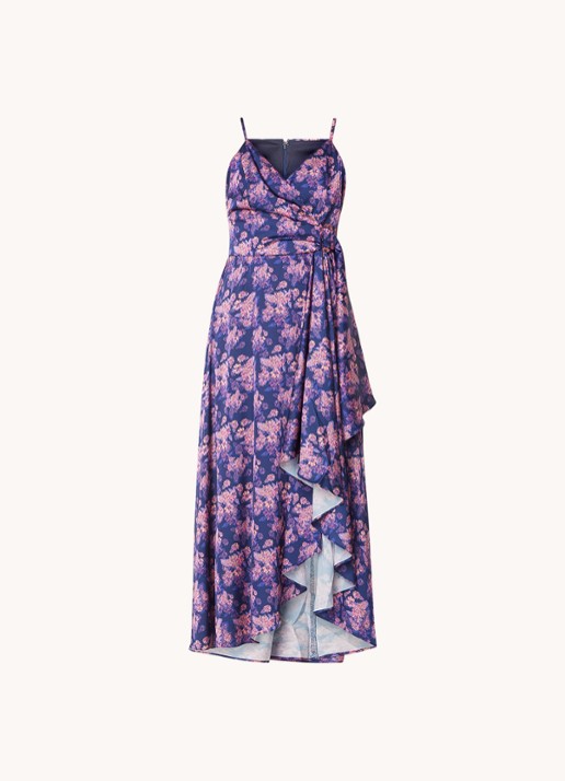 Chi Chi London Maxi jurk met bloemenprint en asymmetrische zoom - voorkant donkerblauw