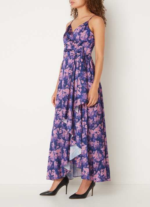 Chi Chi London Maxi jurk met bloemenprint en asymmetrische zoom - voorkant 2 donkerblauw