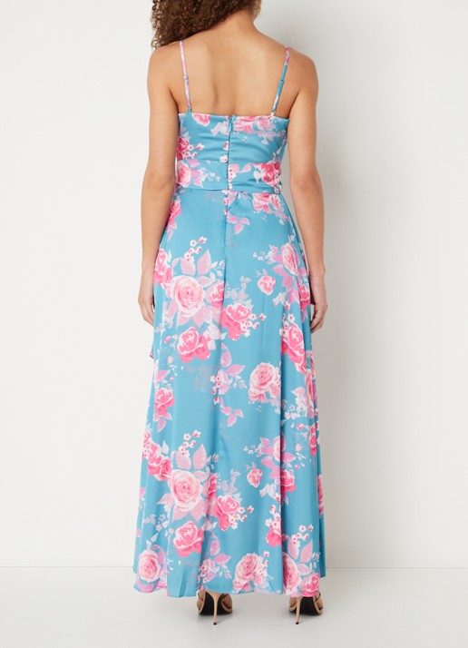 Chi Chi London Maxi jurk met bloemenprint en strikceintuur - achterkant turquoise