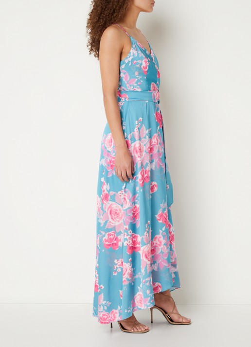 Chi Chi London Maxi jurk met bloemenprint en strikceintuur - voorkant 3 turquoise
