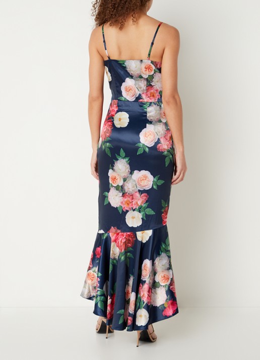 Chi Chi London Midi jurk van satijn met bloemeprint en plooidetail - achterkant donkerblauw