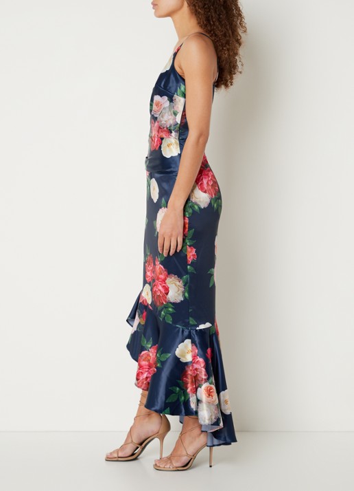 Chi Chi London Midi jurk van satijn met bloemeprint en plooidetail - voorkant 3 donkerblauw