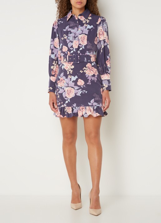 Chi Chi London Mini blousejurk met bloemenprint en ceintuur - voorkant 5 violet