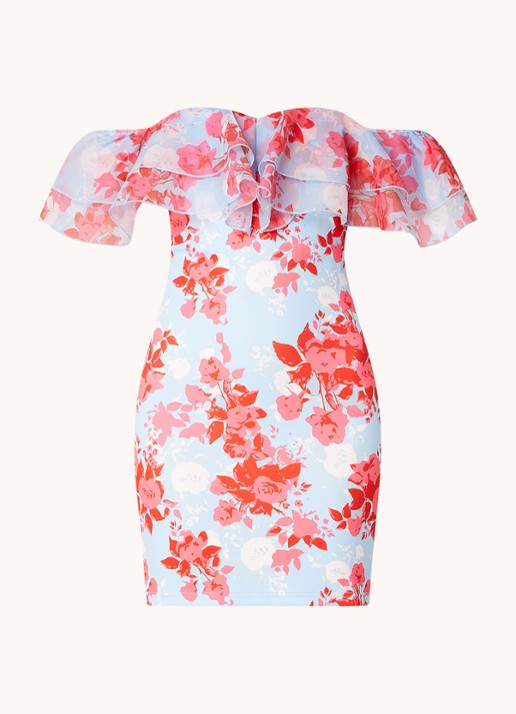 Chi Chi London Mini jurk met volant en bloemenprint - voorkant 2 lichtblauw