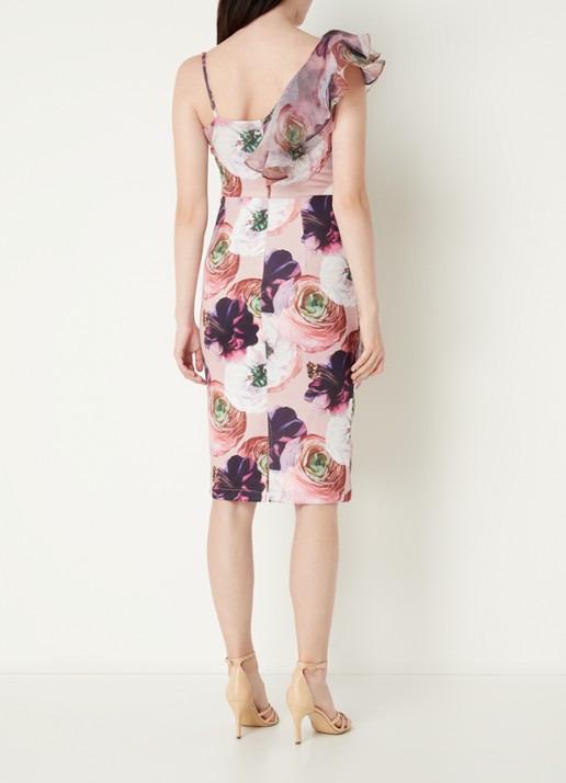 Chi Chi London One shoulder mini jurk met bloemenprint en volant - achterkant lichtroze