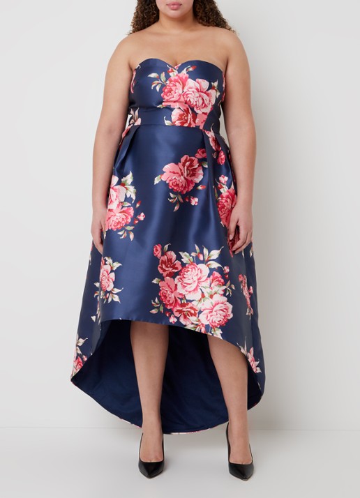 Chi Chi London PLUS STRAPLESS FLORAL DIP HEM - voorkant 2 donkerblauw