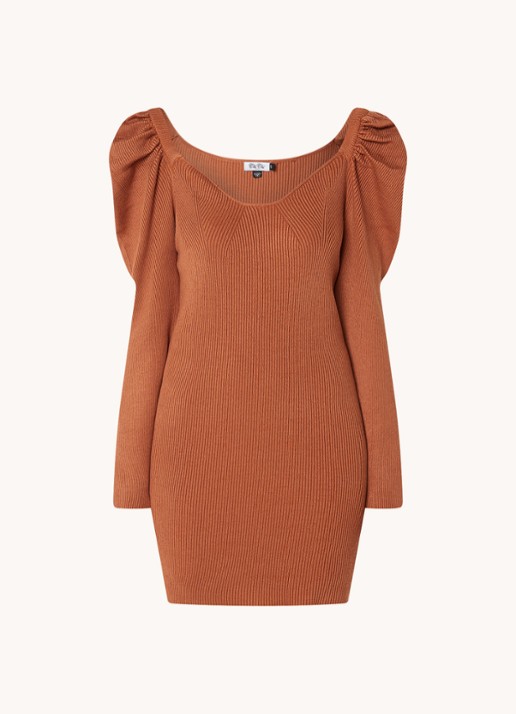 Chi Chi London  Ribgebreide mini jurk met pofmouw - voorkant 3 roestbruin