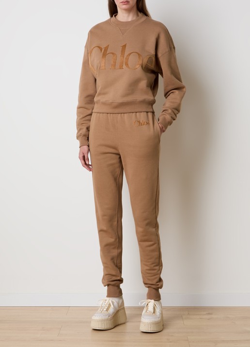 Chloé High waist tapered fit joggingbroek met logo - voorkant 5 camel