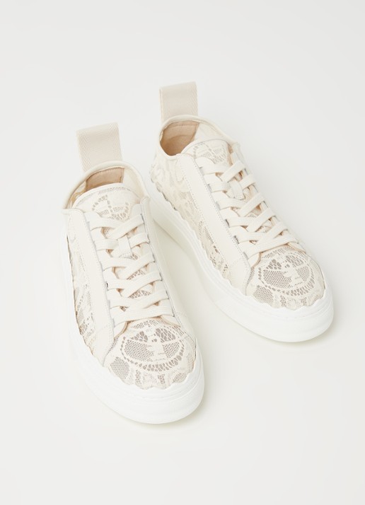 Chloé Lauren sneaker van kant met kalfsleren details - detail creme