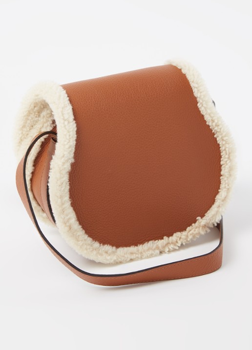 Chloé Marcie Mini crossbodytas van kalfsleer met schapenvacht - achterkant cognac
