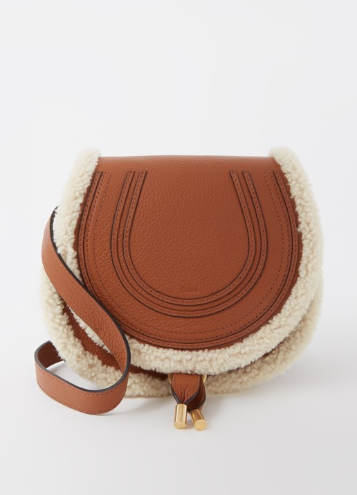 Chloé Marcie Mini crossbodytas van kalfsleer met schapenvacht - voorkant 2 cognac