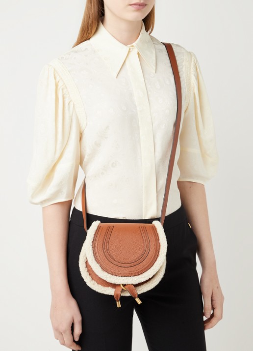 Chloé Marcie Mini crossbodytas van kalfsleer met schapenvacht - voorkant 3 cognac
