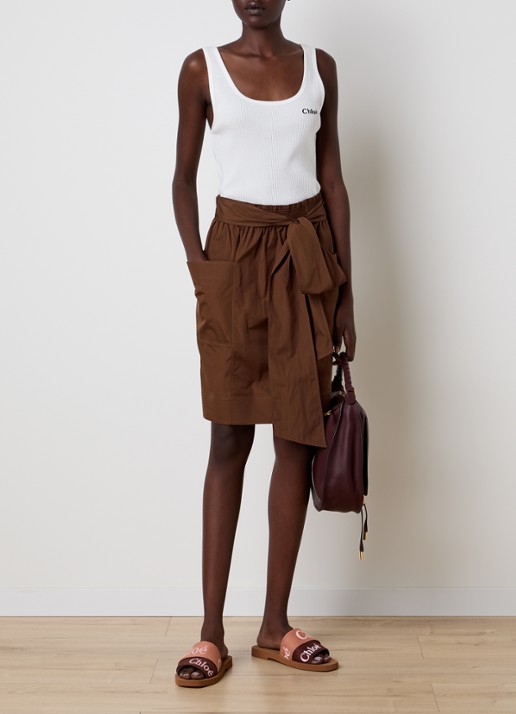 Chloé Midi rok met strikceintuur en opgestikte zakken - voorkant 3 cognac