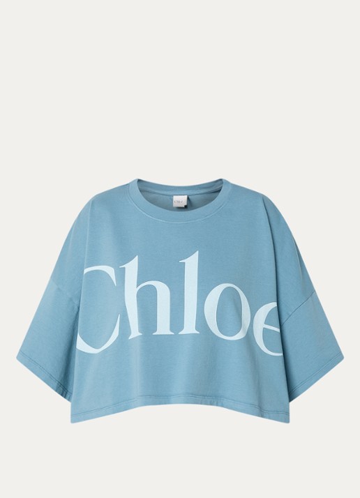Chloé Oversized cropped T-shirt met logoprint - voorkant 4 staalblauw