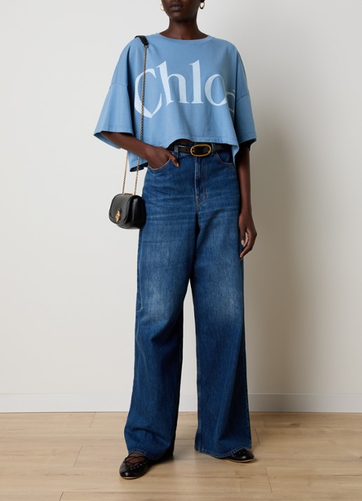 Chloé Oversized cropped T-shirt met logoprint - voorkant 5 staalblauw