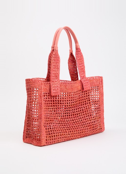 Chloé Summer Banana shopper van raffia met leren details - achterkant koraalroze