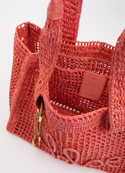 Chloé Summer Banana shopper van raffia met leren details - detail 2 koraalroze
