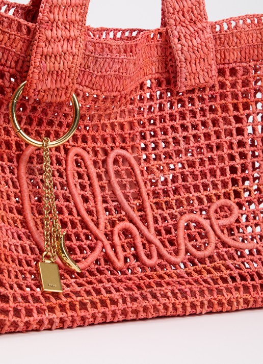 Chloé Summer Banana shopper van raffia met leren details - detail 4 koraalroze