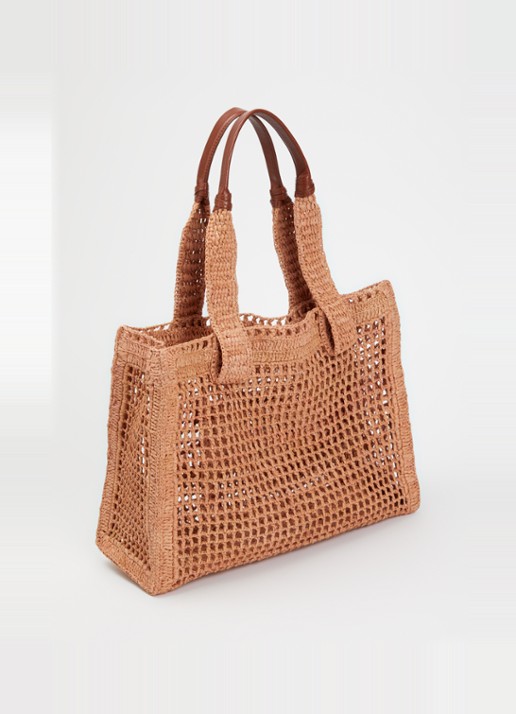 Chloé Summer Banana shopper van raffia met leren details - achterkant 2 camel