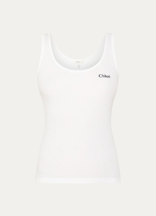 Chloé Tanktop met ribstructuur en logoborduring - voorkant wit
