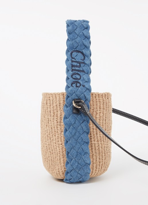 Chloé Woody bucket handtas van raffia met denim details  - detail 4 camel