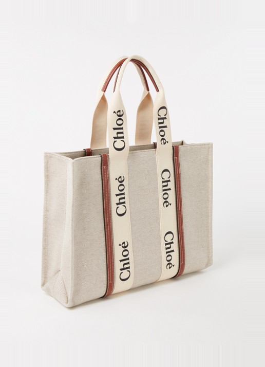 Chloé Woody Large shopper van canvas met kalfsleren details - achterkant 4 beige