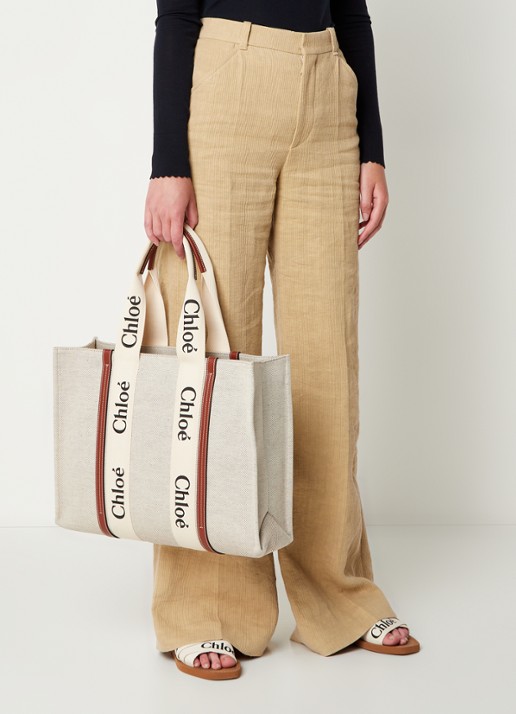 Chloé Woody Large shopper van canvas met kalfsleren details - voorkant 6 beige
