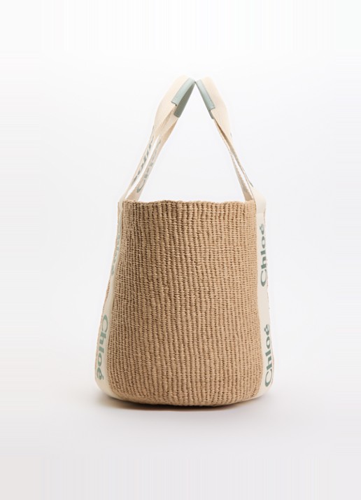 Chloé Woody Large shopper van gerecycled raffia met kalfsleren details - detail 4 groen