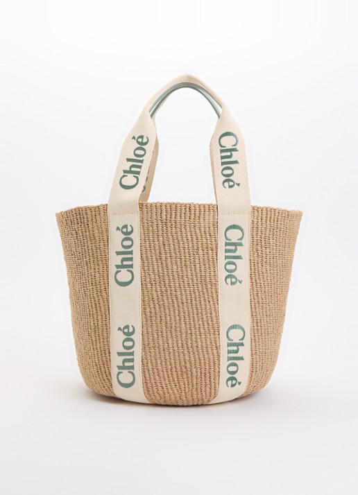 Chloé Woody Large shopper van gerecycled raffia met kalfsleren details - voorkant 2 groen