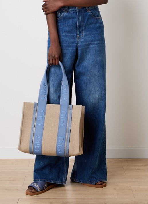 Chloé Woody Medium shopper van canvas met kalfsleren details - voorkant 2 staalblauw