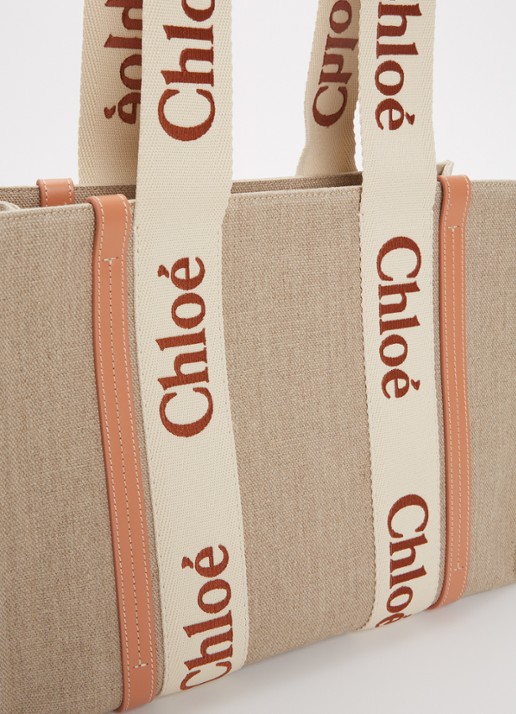 Chloé Woody Medium shopper van canvas met kalfsleren details - detail 3 lichtoranje