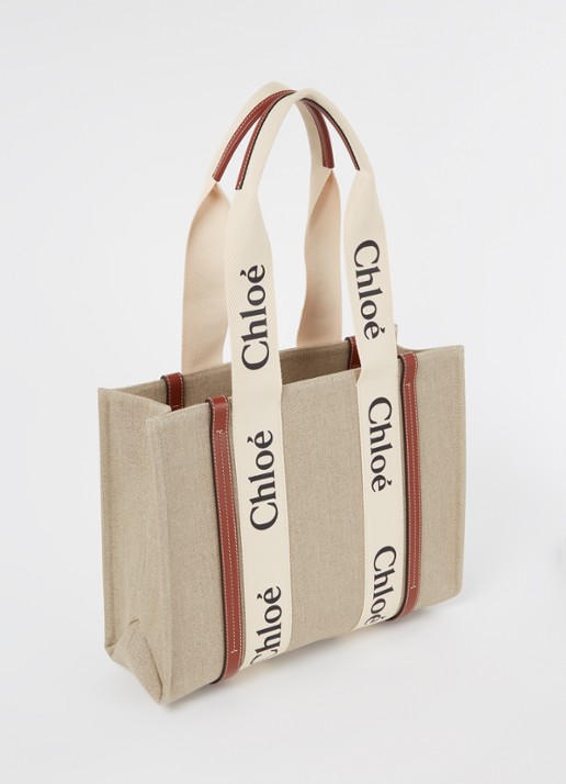 Chloé Woody Medium shopper van canvas met kalfsleren details - achterkant 5 kastanjebruin