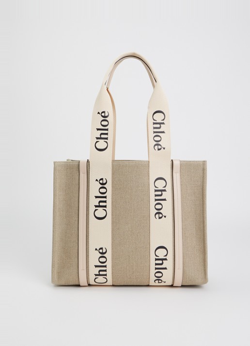 Chloé Woody shopper van canvas met leren details - voorkant beige