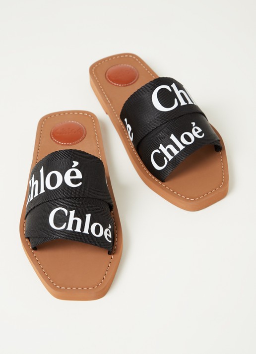 Chloé Woody slipper van canvas met logo - detail 3 zwart