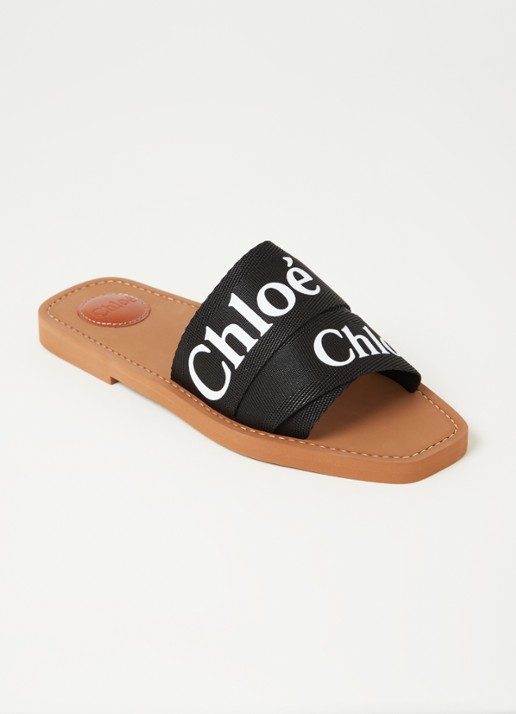 Chloé Woody slipper van canvas met logo - voorkant zwart
