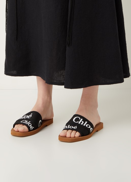 Chloé Woody slipper van canvas met logo - voorkant 2 zwart