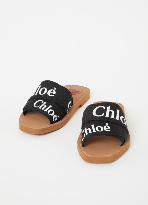 Chloé Woody slipper van canvas met logo - detail 3 zwart