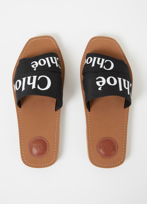 Chloé Woody slipper van canvas met logo - detail 5 zwart
