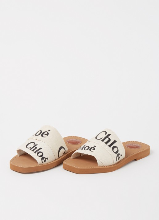 Chloé Woody slipper van canvas met logo - detail 3 beige