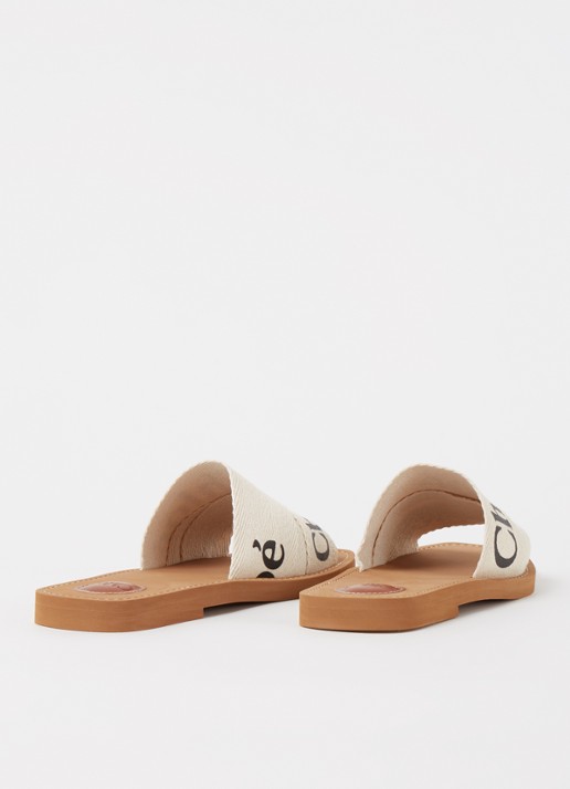 Chloé Woody slipper van canvas met logo - detail 4 beige