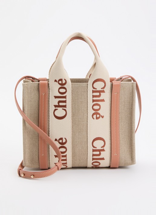 Chloé Woody Small handtas van linnen met kalfsleren details - voorkant 6 oranjebruin