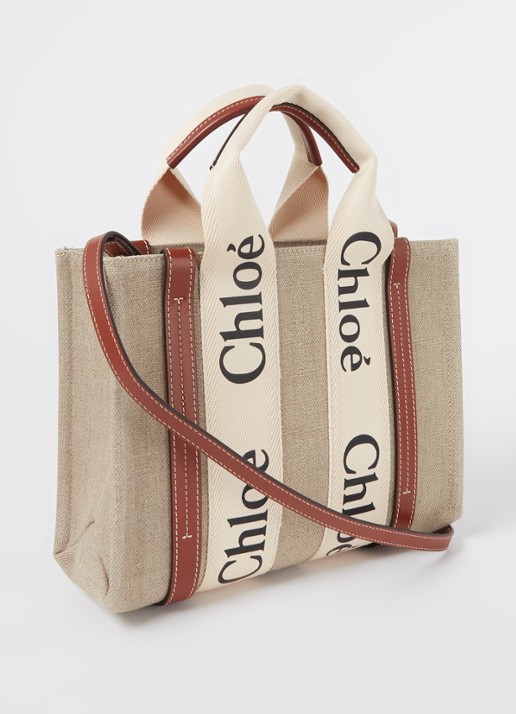 Chloé Woody Small handtas van linnen met kalfsleren details - achterkant camel