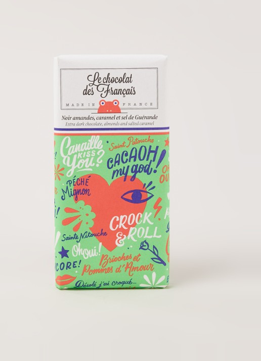 Chocolats des Francais Extra pure chocoladereep met amandelen en zoute karamel 80 gram  - voorkant 2 undefined