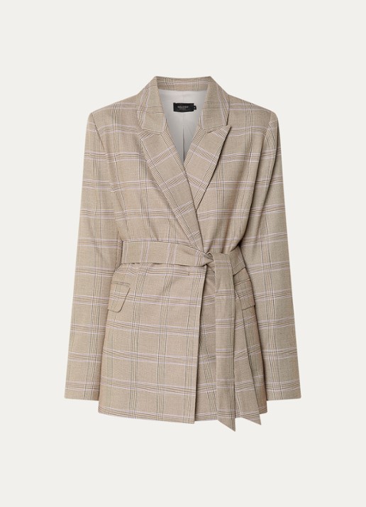 Claudia Sträter Blazer met ruitdessin en strikceintuur - voorkant beige