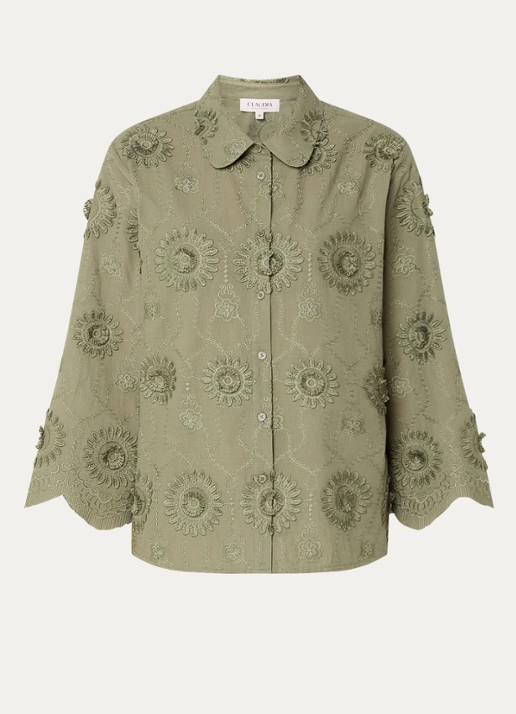 Claudia Sträter Blouse met bloemborduring en vlindermouwen - voorkant groen
